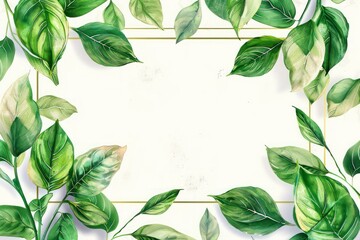 green leaves frame with a free space in the center and a neutral background, watercolored illustration with artistic details