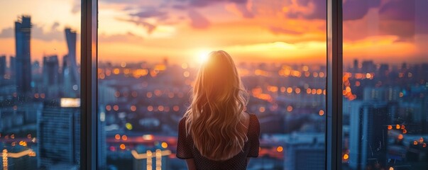 Woman contemplating cityscape through a window at sunset