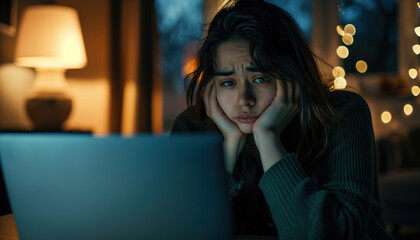A close-up view of a woman looking anxious and worried at a screen.