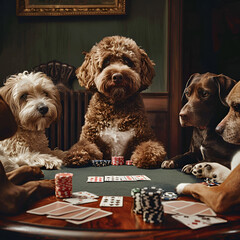 highly realistic photo of a group of dogs sitting around a table playing poker