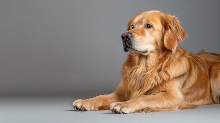 Dapper Golden Retriever Dog Resting on Plain Background, Space for Text Provided