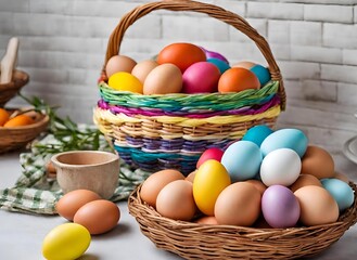 Colorful eggs in wicker basket on table in kitchen interior with fresh eggs and colorful baskets
