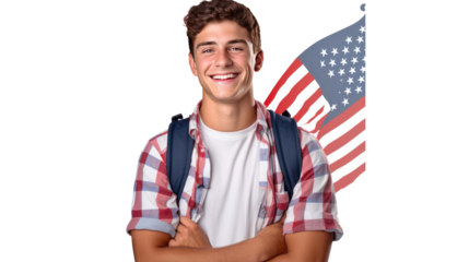 American university student smiling happily isolated on a transparent background