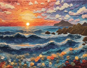 Beach landscape featuring crashing waves during a beautiful sunset with textured multi-media yarn and paint