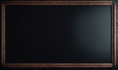 Blank blackboard with wooden frame on a dark wooden background.