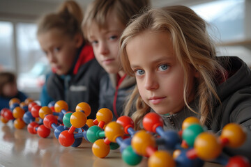 Fototapeta na wymiar Bonding Models: Students construct models of molecular bonds using ball-and-stick or space-filling models, exploring the geometry and structure of molecules. They discuss the types