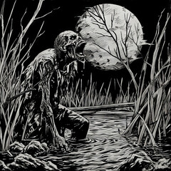 Zombie Rising from Swamp Illustration

