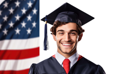 American university student smiling happily isolated on a transparent background