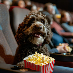 highly realistic photo of a mini chocolate labradoodle with a white goatee and white patch of fur on his chest seated in a movie theatre with a box of popcorn