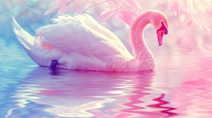   A white swan floats atop a body of water beside a tree with pink and blue foliage
