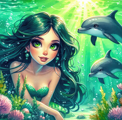 Woman with green eyes and long hair in an underwater ocean scene featuring kelp coral and seaweed a cartoon-style painting featuring two dolphins and green seawater