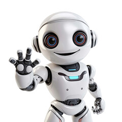 Android robot smiling and waving to greet humans on a transparent background 