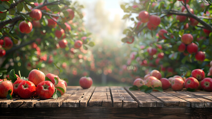 apple on wooden table and blurred apple orchard background.
