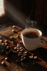 a white porcelain cup filled with steaming hot coffee, coffee beans scattered in the foreground on a dark wooden table. Soft morning light illuminates the scene, Generative AI