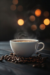 a white porcelain cup filled with steaming hot coffee, coffee beans scattered in the foreground on a dark wooden table. Soft morning light illuminates the scene, Generative AI