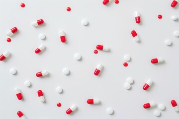A close up of many different colored pills, including red and white. The pills are scattered across the image, creating a sense of chaos and disorder