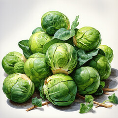 Watercolor Brussels Sprouts Illustration, Generative Ai
