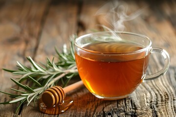 Steaming Cup of Rooibos Tea with Rosemary Sprig and Honey on Rustic Wooden Table