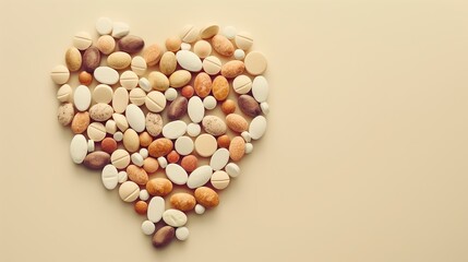 Artistic arrangement of pills or dupplements in a shape, of a heart, to discuss themes of health and wellness, with a soft, neutral backdrop