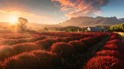 Vibrant Rooibos Farm at Sunset with Red Bushes and Farmhouse Backdrop