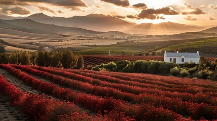 Vibrant South African Rooibos Farm at Sunset with Rows of Red Bushes and Farmhouse in the Background