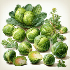 Fototapeta premium Watercolor Brussels Sprouts Illustration, Generative Ai
