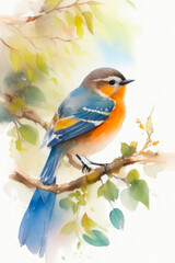 Robin bird on the tree branch watercolor illustration.