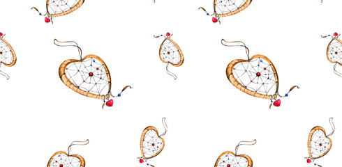 Seamless Pattern. Watercolor Dream Catchers with Pendants, Feathers, Red Hearts, Beads. White Background. For Wallpaper, Home Textiles, Wrapping Paper, Postcards, Valentine's Day and Birthday