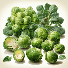 Watercolor Brussels Sprouts Illustration, Generative Ai