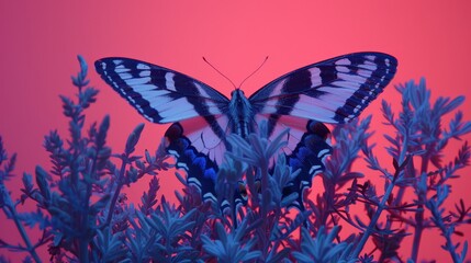   A blue-and-white butterfly atop a leafy plant against a pink backdrop, with a red sky behind