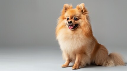 Chic Pomeranian Dog Sitting on Plain Background, Perfect for Text Addition