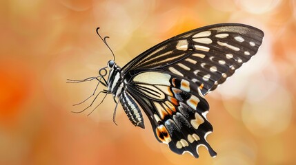   A tight shot of a black-and-white butterfly against an orange and yellow backdrop, with a softly blurred bokeh of light