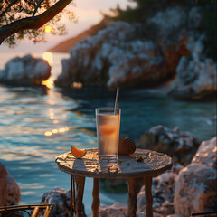 a cocktail on a small table outside the beach bar with the sea view in the late afternoon where the warm glow of the setting sun softly illuminates the natural scenery