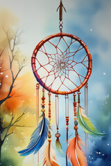 Watercolor illustration of the decoration of bohemian dream catcher.