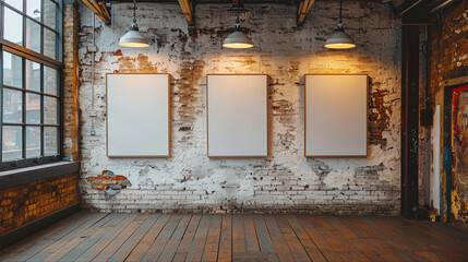 Rustic loft interior with blank art frames
