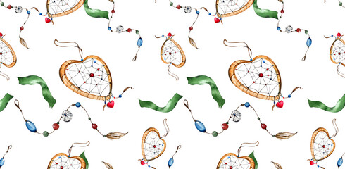 Seamless Pattern. Watercolor Dream Catchers with Pendants, Feathers, Ribbons, Red Hearts, Beads. White Background. For Wallpaper, Home Textiles, Wrapping Paper, Postcards, Valentine's Day and Birthday