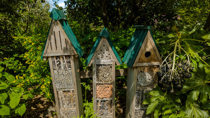 Three rustic insect hotels nestled in a lush garden, promoting biodiversity and sustainability, ideal for World Environment Day and National Pollinator Week concepts
