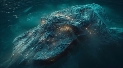   A large body of water topped with a considerable quantity of water, illuminated by lights beneath it