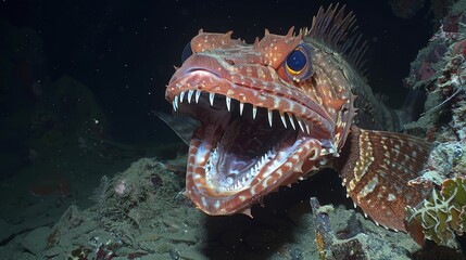   A close-up of a fish with its mouth open widely