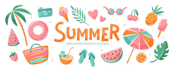 Summer holidays, vacation travel.Set of summer vector illustrations for poster, banner, cover, card.