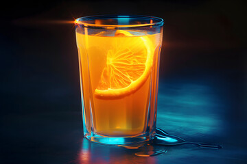 Orange juice in a glass on a black background with rays of light