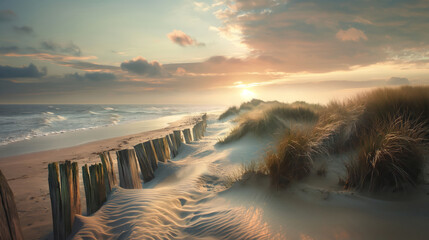 Sunrise Embraces The Beach With Golden Light, Casting Shadows Over The Sand And Wooden Groynes