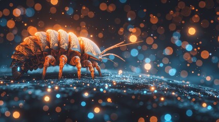   A close-up of a bed bug on a surface with out-of-focus lights in the background, and a blurred bed bug image in the foreground