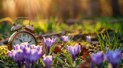 spring flowers on the background of the clock