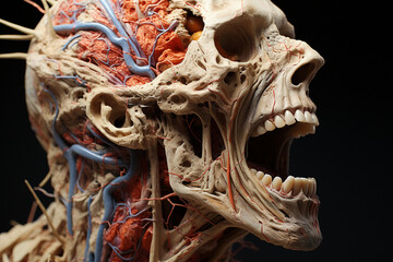 Detailed anatomical display of human head with exposed muscles, arteries, and veins