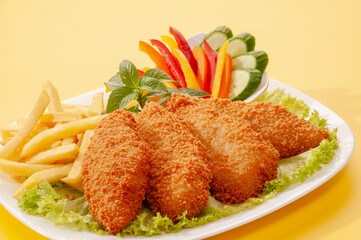 Fried Breaded fillets with fries and salad with dip