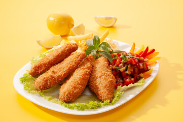 Fried Breaded fillets with fries and salad with dip