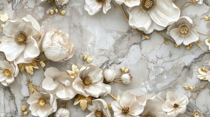 panel wall art featuring a marble background adorned with intricate white and golden flower designs, elevating the ambiance of any space as an exquisite wall decoration. SEAMLESS PATTERN