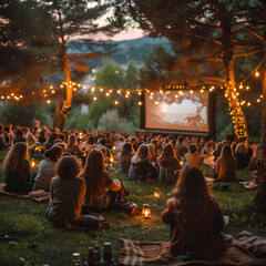 green hill, evening time, many people sitting on the grass, watching a big screen in front of them, projecting a movie on the screen, trees in the background, calm party mood, some warm lights