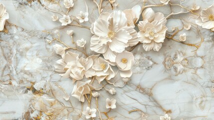 panel wall art featuring a marble background adorned with intricate white and golden flower designs, elevating the ambiance of any space as an exquisite wall decoration. SEAMLESS PATTERN